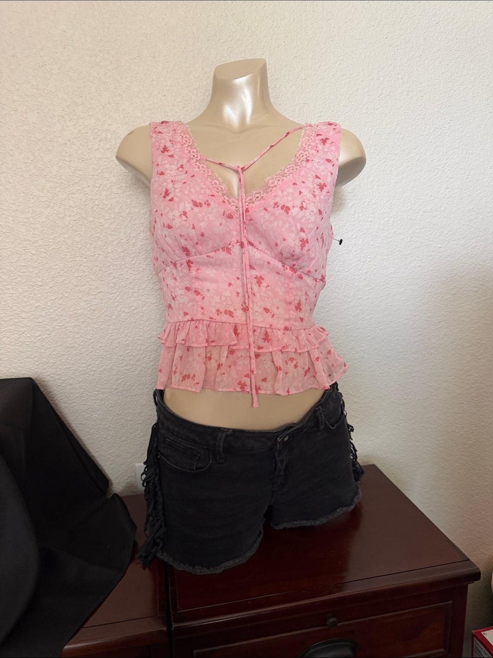 Delicate Pink Floral Tie-Front Ruffle Cami